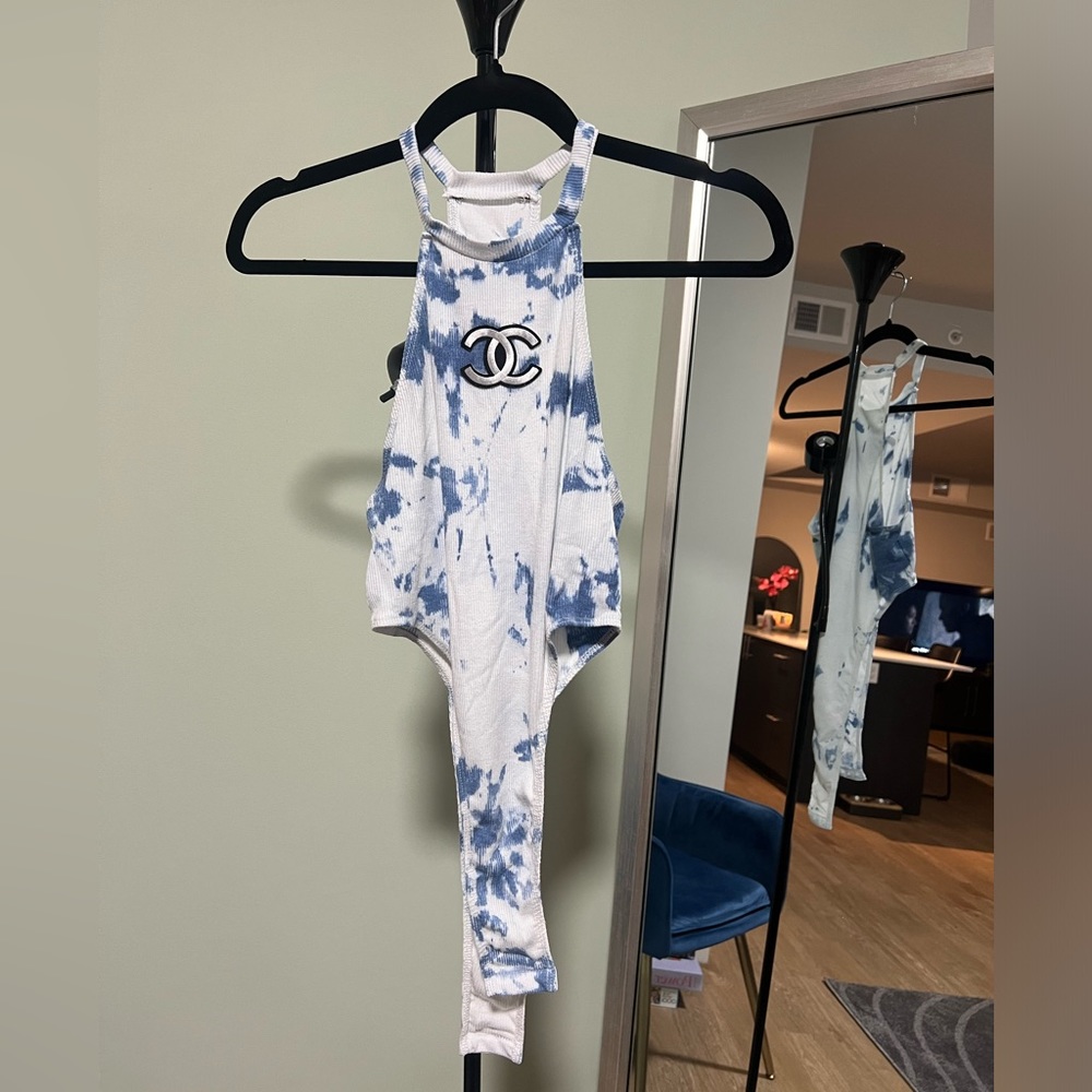 Designer Inspired Blue & White Tie Dye Bodysuit - S